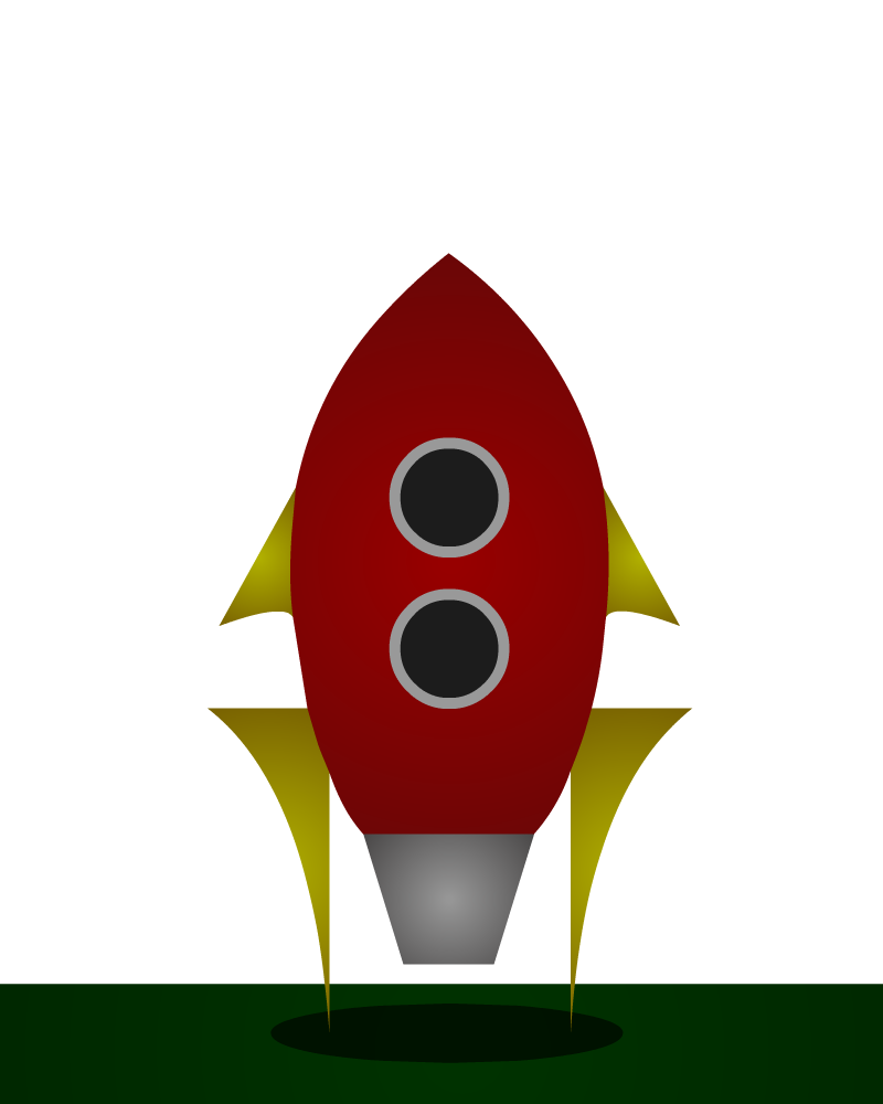 Red spaceship on a field against a starry sky waiting to take off